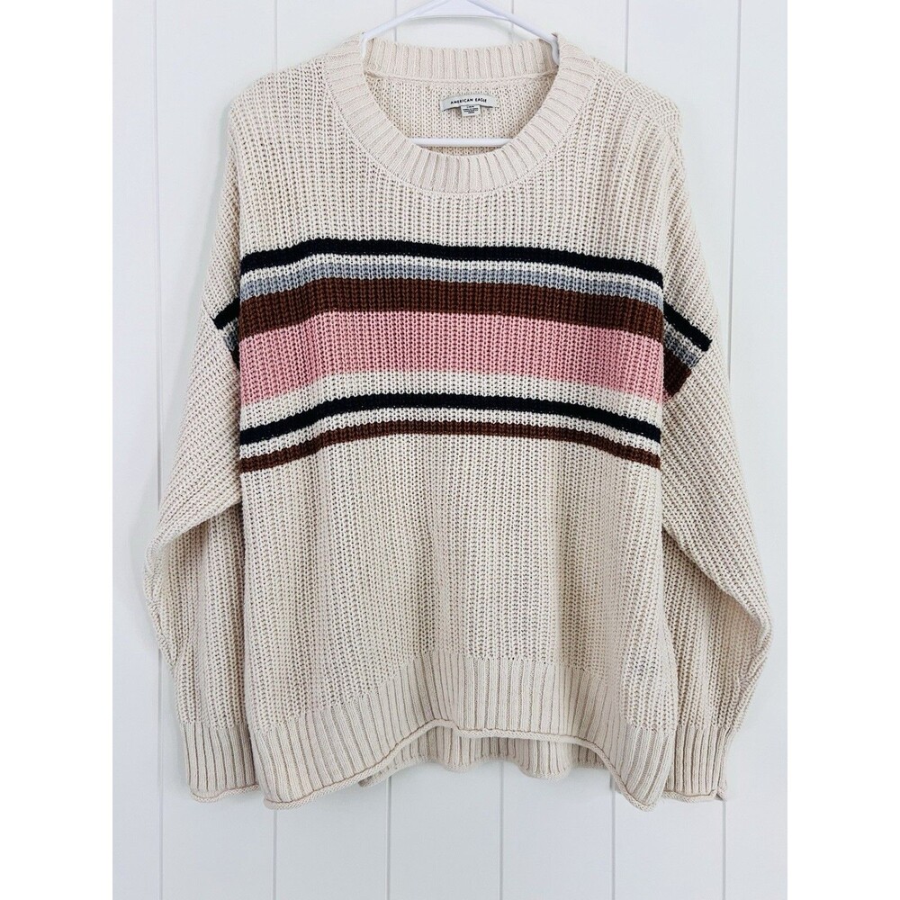 American Eagle Pink Stripe Collegiate Cozy Soft Loose Knit Sweater Preppy Large